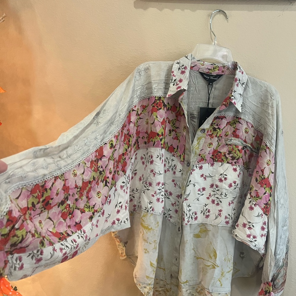 Floral Patchwork Button-Down Women's Top - Pink/W… - image 2